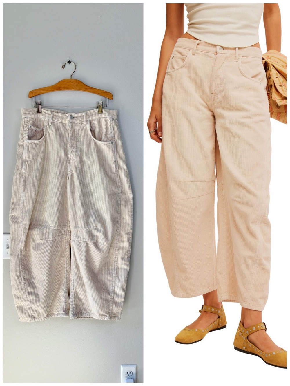 We The Free Free People Good Luck Barrel Leg Cream Corduroy Pants Boho Chic